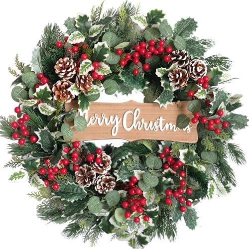 idyllic Christmas Wreath-22 Christmas Decoration Wreaths for Front Door Winter Spring Wreath with Pine Needles Eucalyptus Holly Leaves Pine Cones Red Berries for Indoor Outdoor Home Wall Decor