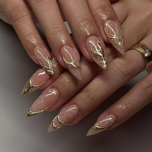 MouyouGlow Press on Nails Kurz,Almond Nude Base 3D Gold Wavy French Chrome Coquette Fake Nails mit Nagelkleber,Cool Metallic Stripes Künstliche Fingernägel