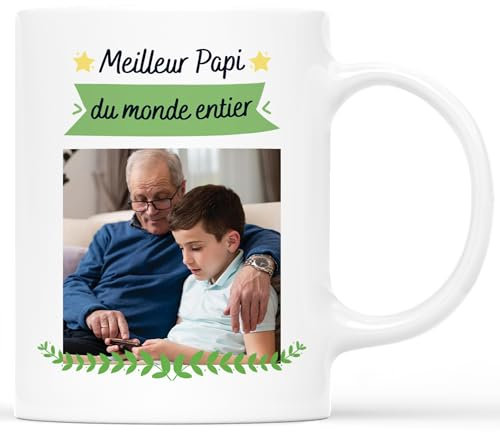 CADEAU PLUS Mug Personnalisé Photo - Meilleur Papi Du Monde - Cadeau Fête et Anniversaire, Tasse Super Papy et Grand-Père