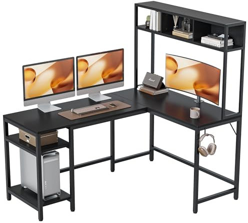 CubiCubi Schreibtisch L Form mit Regal, 150 x 120 cm Eck-Computertisch, Home-Office, Gaming-Schreibtisch mit Hohes Lagerregal, Schwarz