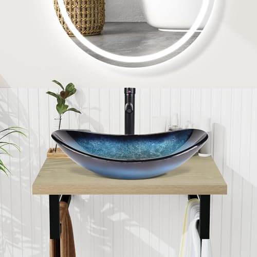YU YUSING Ensemble de Meubles de Salle de Bain avec Lavabo 60cm, Plan de Toilette Suspendu sous Lavabo, Etagère Mural Ouverte 2 Porte-Serviettes, Support Vasque, Vasque à Poser, Robinets(Ovale Bleu)