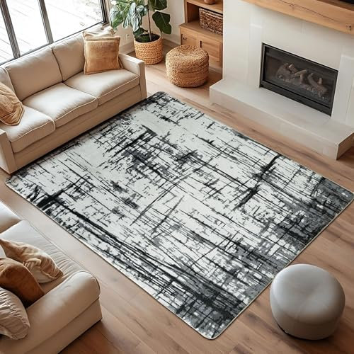 Calore Teppich Wohnzimmer Kurzflor Teppich Schlafzimmer rutschfest Weich Moderner Wohnzimmerteppich Große Teppiche (Abstrakt grau/weiß/schwarz, 200 x 250 cm)