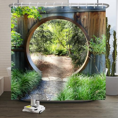 Xiaoterna Tenda da doccia del giardino giapponese 3D primavera foresta natura scenario tenda da bagno Porta d'ingresso in legno rustico cerchio verde pianta sole Tenda da doccia lavabile 150x200cm