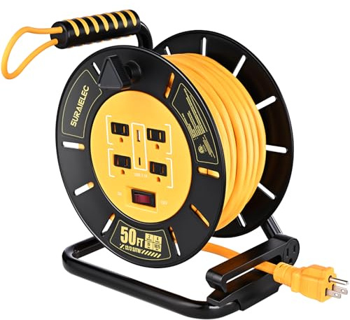 SURAIELEC 50FT Retractable Extension Cord Reel with USB Ports, ETL Listed