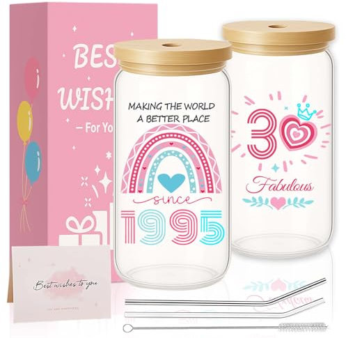 Tazza di vetro creativa per il 30° compleanno da donna, con coperchio e cannucce, regalo per il 30° compleanno, per migliore amica, sorella, moglie, zia, figlia