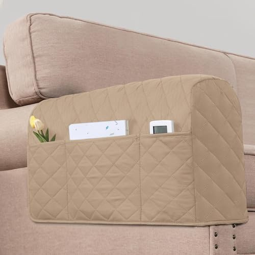KPPKOU 2 Pack Water Resistant Armrest Covers for Chairs and Sofas Couch Arm Covers for Sofa with 3 Pockets for Phone Sofa Arm Protector for Pets, Cats (Sand)