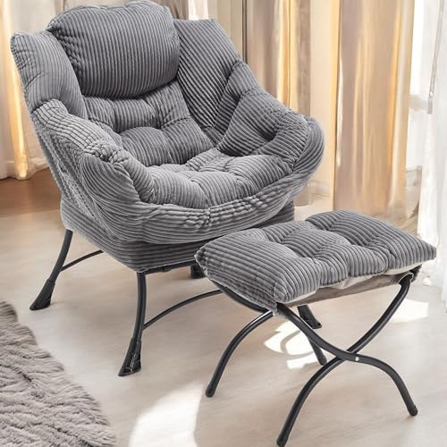 FurnitureR Lazy Chair with Ottoman, Modern Lounge Accent Chair with Armrests and a Side Pocket, Leisure Upholstered Sofa Chair Reading Chair with Footrest for Small Space, Corner Chair-Grey
