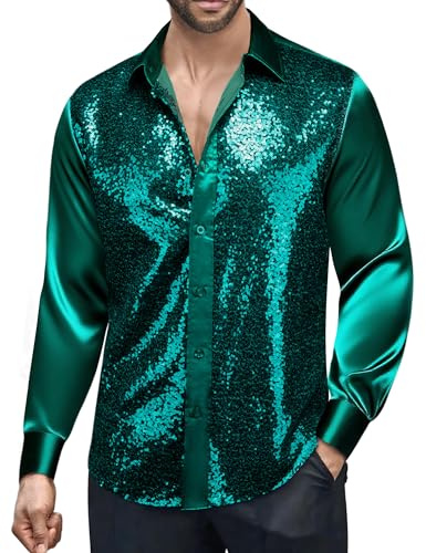Barry.Wang Mens Disco Shirt Green Sequin Top Satin Shiny Metallic Button Down Shirts Long Sleeve Wrinkle Free Cocktail Party 80s 90s