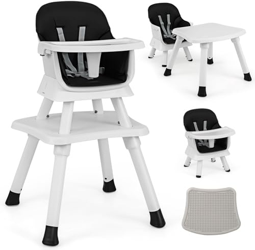 FANTASK 6-in-1 Kinderhochstuhl, Babyhochstuhl, Kombihochstuhl, Hochstuhl & Essstuhl & Lerntisch & Bausteintisch & Kindersitzgruppe mit Sicherheitsgurt und abnehmbares Tablett (Schwarz)