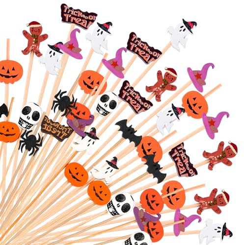 ​​100 Stück Halloween Spieße, Halloween Kuchen Deko - Zahnstocher mit Geistern, Fledermäusen, Kürbissen für Kuchen, Cocktails, Käseplatten, Cupcakes zur Grusel-Party Dekoration​
