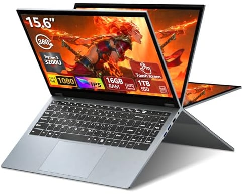Portatile PC Touchscreen 2 in 1 CPU Ryzen R3-3200U (fino a 3,5 GHz) 15,6 Pollici Notebook Da Gioco 16GB RAM 1TB SSD 360° Rotation Touchscreen FHD IPS Laptop Tastiera Retroilluminata RJ45 WIFI5 HDMI