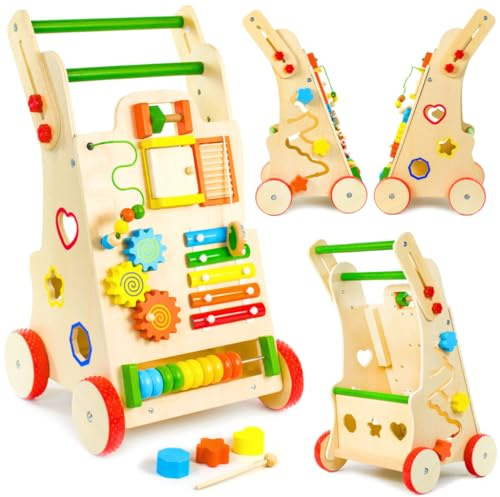 ZOLTA Holz Lauflernwagen mit Aktivitätscenter Abakus Xylophon Labyrinth Steckspiel höhenverstellbar rutschfeste Räder Schiebewagen Baby Kinder Lernspielzeug Motorikspielzeug ab 1 Jahr