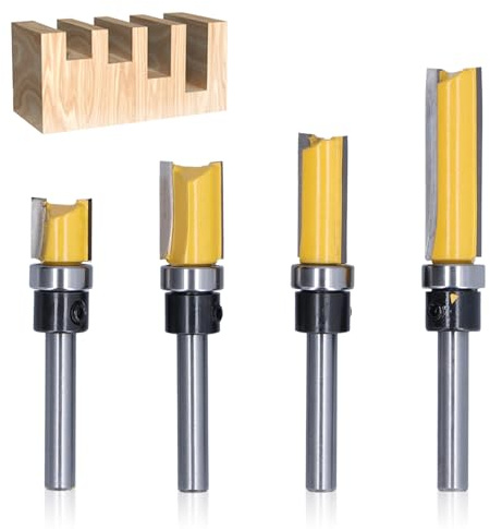 4PCS 1/4 Inch Shank Flush Trim Pattern Router Bit Set, Trim Hinge Router Bit Round Silver Yellow 1/4in Shank Flush Trims Tenon Cutter