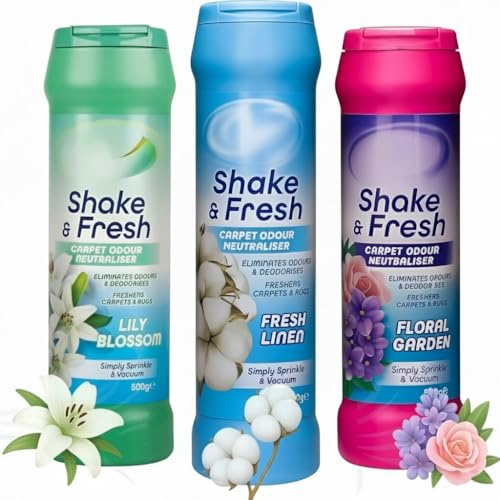 𝐂𝐇𝐏𝐋 3-Pack Carpet Freshener & Odour Neutraliser – Shake & Fresh Powder in Fresh Linen, Lily Blossom & Floral Garden – 500g Each By Great British Home