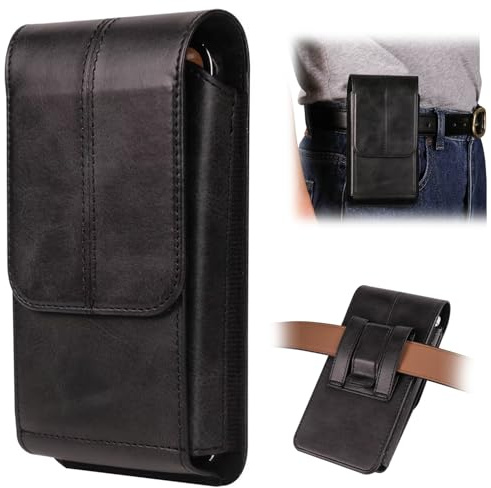 Leather Phone Holster with Strong Belt Clip and Magnetic Closure for iPhone 17/16/15/14/13/12 Pro Max, Galaxy S25/S24/S23/S22 Plus & FE, Cell Phone Belt Holder for Men Waist Bag Carrying Case, Black