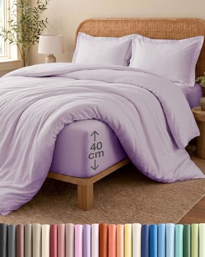 Duvet Cover Set King Size - 4 Piece Fitted Sheet - Light Lavender | Brushed, Soft, Wrinkle Resistant, Fade Resistant, Zip Closure, Corner Ties, Breathable, Easy Care, Bedding Set, OEKO-TEX