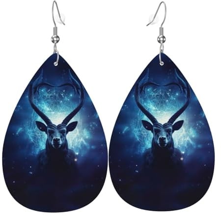 Ram Zodiac Sign Print Teardrop Earrings For Women Leather Dangle Earrings Jewelry For Birthday Party Valentine