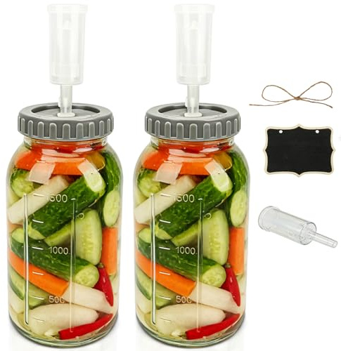DENUOTOP 2 stycken fermenteringsglas 2 liter, fermenteringsglas med jäsventil, bred öppning kimchi-behållare, fermenteringsburk för surkål, kimchi, surdegsstarter, förvaring av drycker och torrvaror