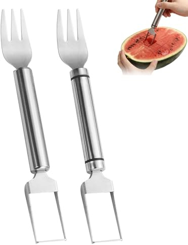 2 Pcs Cortador de frutas de acero inoxidable 2 en 1, cortador y cortador de melón de doble cabeza, cortador de cubos de sandía con tenedor, herramienta de corte de frutas de verano