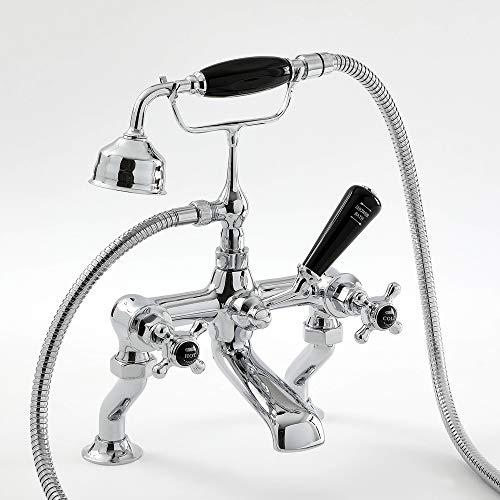 Hudson Reed Old London BC404HX Topaz | Traditional Bathroom Deck Mounted Bath Mixer with Shower Kit, Crosshead Handles and Hexagonal Collars, 320mm x 350mm, Chrome/Black, Tap