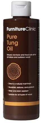 Furniture Clinic Pure Tung Oil (500 ml) - Un olio per legno naturale e sicuro per alimenti per piani di lavoro da cucina, taglieri e tutti gli altri tipi di legno. Per interni ed esterni
