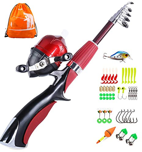 Sougayilang Kids Fishing Pole with Spincast Reel Telescopic Fishing Rod Combo Full Kits for Boys,Girls and Adults-Red
