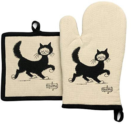 Winkler - Lot gant/manique Dubout Chat Balade – 100% coton - Protection de cuisine, barbecue, pâtisserie – Dessous de plat en tissu – Illustration dessin français