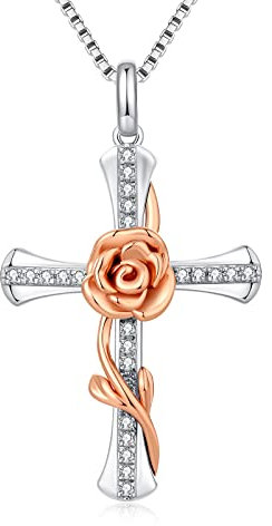 jiamiaoi Kreuz Kette Rose Kette Damen Rosen Anhänger Blume Halskette Silber 925 Silberkette Damen Halskette Rosegold