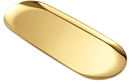 Golden Oval Stainless Steel Tray (L11.8 in x W 4.8 in) – Mini Coffee Table Tray for Jewelry, Cosmetic & Candle | Full Mirror-Polished Surface with Vacuum Coating – No Fading, No Discoloration