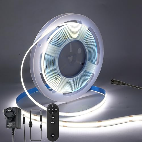 RYE DC12V COB LED Strip Light Kit,Warm White 6000K Dotless Ultra Bright Tape Light with UKCA Power Adapter,RF Control&Dimmer Switch for Indoor Ambient DIY Lighting,5m*320LEDs/M,5mm Wide,CRI85+