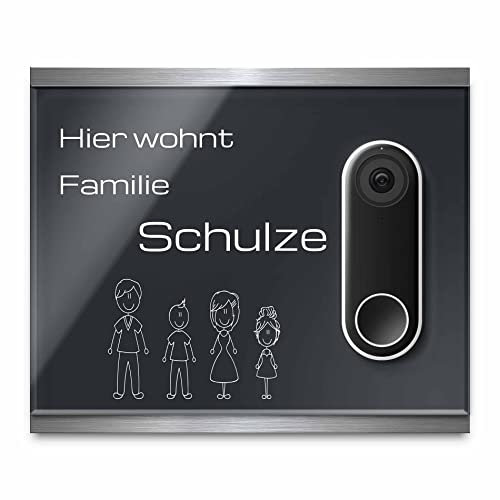 Edles Klingel Schild für Google Nest Doorbell mit Kabel - personalisiertes Türschild aus Edelstahl & Acrylglas | kompatibel mit Nest Videotürklingel Funk Video Klingel - Funkklingel Zubehör (24x20 cm)