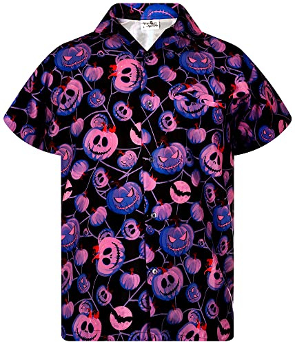 King Kameha Funky Hawaiihemd Herren Kurzarm Fronttasche Hawaii-Print Halloween Kürbis Grusel Funky Pumpkin Prints