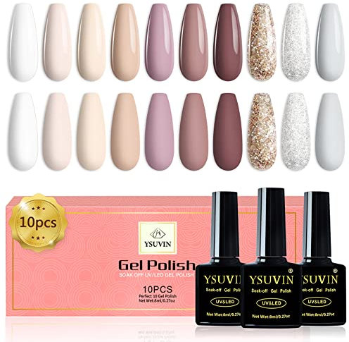 Yueshop Nude Pink Gel Nail Polishes- 10PCS White Nude Pink Grey Silver Glitter Gel Nail Polish Set, Long Lasting Gel Popular Nail Varnish Soak Off LED Nail Polish Gel For Salon Nail Art Design (8ML)