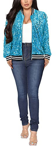 Yutuwomsfushi Damenjacke mit langen Ärmeln, Pailletten, offener Front, Reißverschluss und gerippten Bündchen, Blau/Silber, S