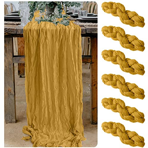 Seihtuch-Tischläufer, 3 m, Gaze-Tischdecke für Boho, rustikale Hochzeitsbögen, Babyparty-Dekorationen, Geburtstagsparty (6, Senfgelb), 6 Stück