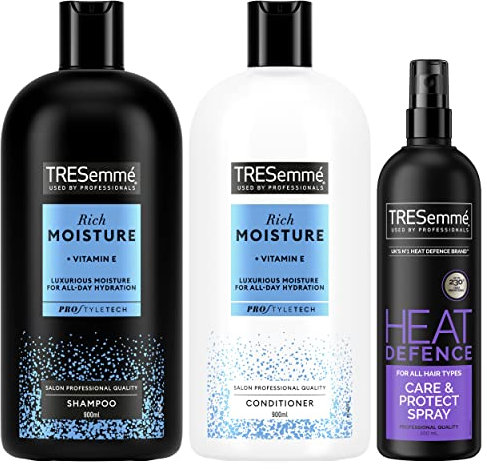 TRESemme Rich Moisture Shampoo, Conditioner & Heat Defence Spray Care + Styling Regime Bundle 3 Piece