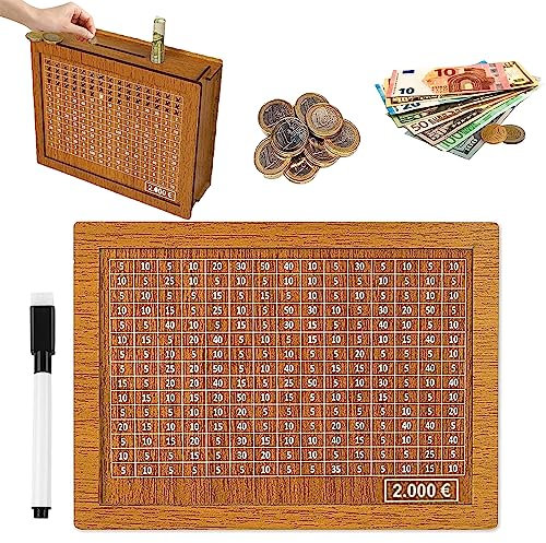 AOMAIGAD Spardose Holz, Sparschwein,Spardose mit zähler,Sparbox mit Zähler zum Ankreuzen Wiederverwendbare, Sparschwein aus Holz für Erwachsene und Kinder mit Sparziel (2000€)