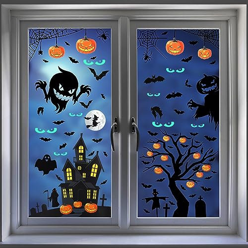Halloween Fenêtre Autocollants, Decoration Halloween Autocollant, 9 Feuilles 121 Pièces Amovible Décorations d'Halloween Sticker - Citrouille, Yeux Lumineux, Fantôme, Chauve-Souris, Maisons Hantées
