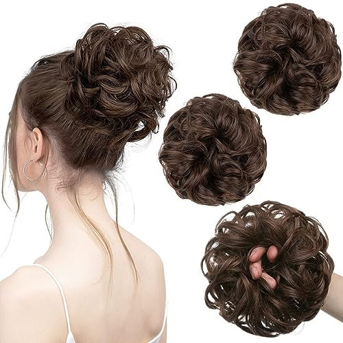 PORSMEER 2 Stücke Haarteil dunkelbraun mit Gummiband,Dutt Haarteil Gelockt Haargummi mit Haaren Hochsteckfrisuren Haarverlängerung Messy Bun Scrunchies Haarteile für Damen Pferdeschwanz