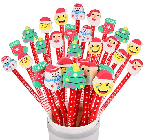 30 Stück Weihnachten HB Bleistifte mit Radiergummi, Holzbleistifte Set | mit dekorativem Aufsatz, Schreibwaren Set für Büro Schule Alltag