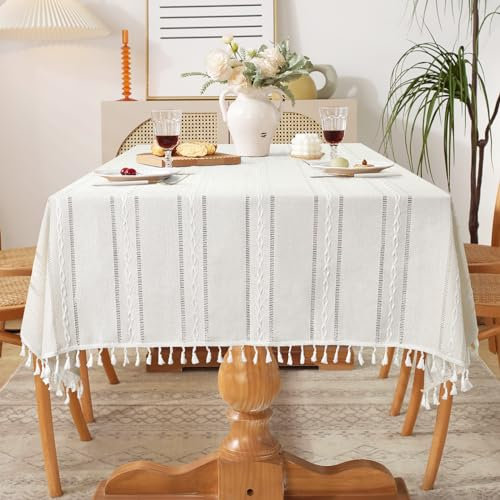 Dremisland Volltonfarbe Tischdecke Quadratisch mit Sticken Boho Baumwolle Leinen Quaste Tischtuch Knitterfrei und Abwaschbar tischdecken Für Drinnen Draussen Garten Esszimmer Festen