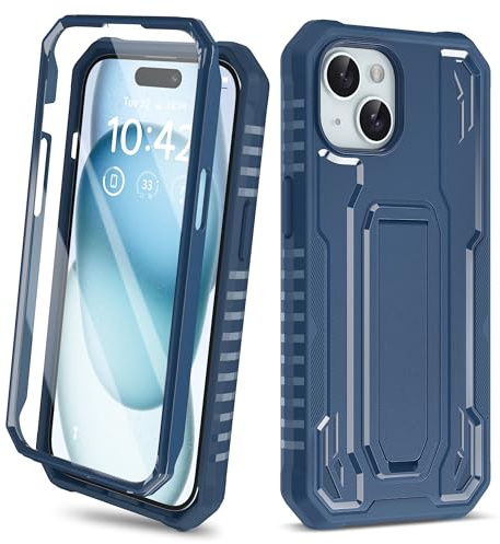 ORETECH for iPhone 15 Case, [Built-in Tempered Glass Screen Protector] [Built-in Kickstand] [Heavy Duty Protection] Full Body Military Grade Shockproof Anti-Silp Cover for iPhone 15 Phone Case - Blue