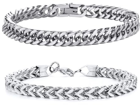 Uwiyo Armband Herren 2 Stück Edelstahl Armbänder Panzerkette Herrenarmbänder Glieder Link Kettenarmband 19/21/23cm Länge für Männer Papa Sohn Bruder Ehemann, Silber (Silber, 21)