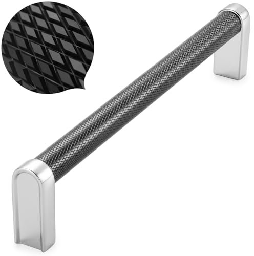 KOOFIZO Black and Chrome Cabinet Pulls, 10-Pack Knurled Cabinet Handles, 6-1/4 Inch Screw Spacing, P28 Hardware for Kitchen Cupboard Door, Bedroom Dresser Drawer, Bathroom Furniture