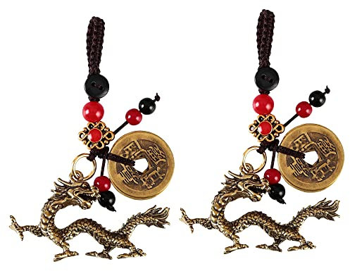 Pendentif Porte-clés Dragon Porte-Bonheur en Laiton avec pièces de Monnaie Chinoises Fengshui pour la Bonne Chance, la santé, la Richesse, Cadeau à Suspendre Feng Shui, Lot de 2