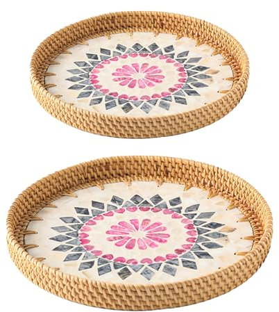 LEMCC 2PCS Round Rattan Tray with Mother of Pearl Inlay, Rattan Serving Tray with Wooden Base, Decorative Wicker Basket for Table Decor, Storage and Display of Coffee Bread Food Fruit(Grey)