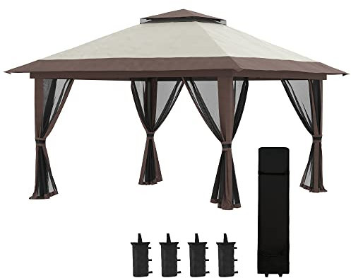 Outsunny Tonnelle de jardin extérieur barnum de jardin pop-up tente pliant 4 x 4 m double toit protection UV 50+ 4 moustiquaires, 4 sacs de sable, 1 sac de transport tissu Oxford métal beige et marron
