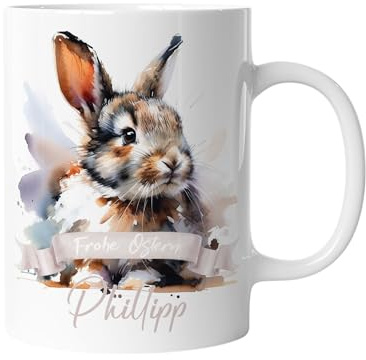 Tasse mit Namen | Personalisierte Ostertasse mit Wunschnamen Osterhase Keramik Tasse Frohe Ostern Hase Geschenk für Kinder | mug-o-3