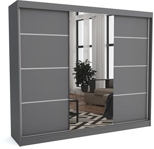 Brent - Kleiderschrank mit Spiegel Tom, 250cm Breit, Schlafzimmerschrank mit 1 Kleiderstange und Einlegeböden für Kleidung, Kleiderschrank Grau