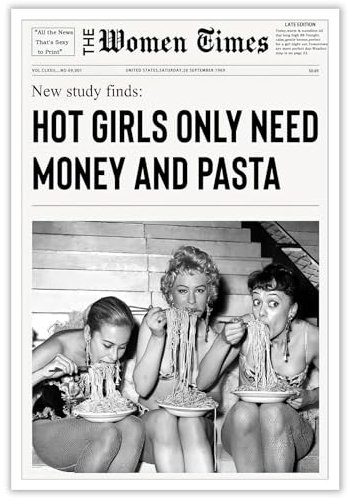 YAXZLWR Kunstdruck auf Leinwand, Vintage-Stil, Schwarz und Weiß, Motiv: kleine Frauen, lustig, Zeitungsraum, ästhetisch, flippig, italienische Küche, Girly-Dekoration, Hot Girls York News Only Need
